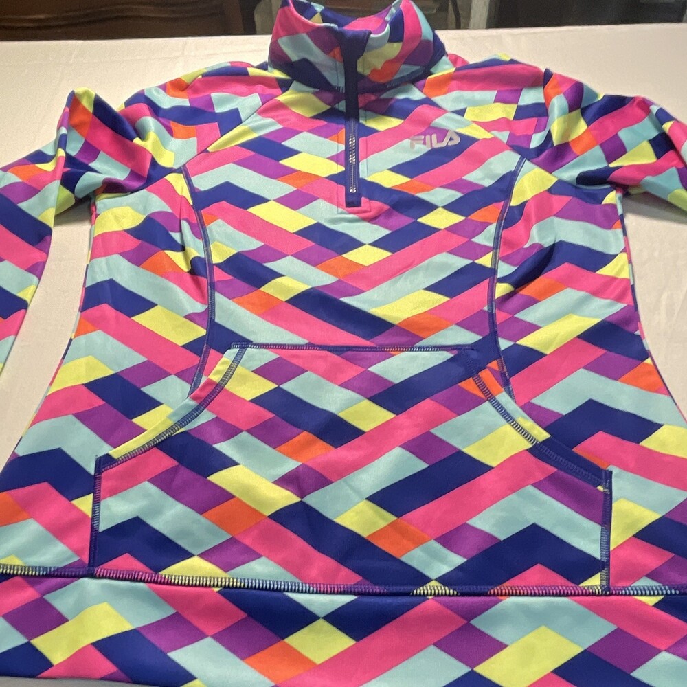 FILA Sport Women's Multicolor Geometric 1/4 Zip Mock Neck Pullover Stretch S